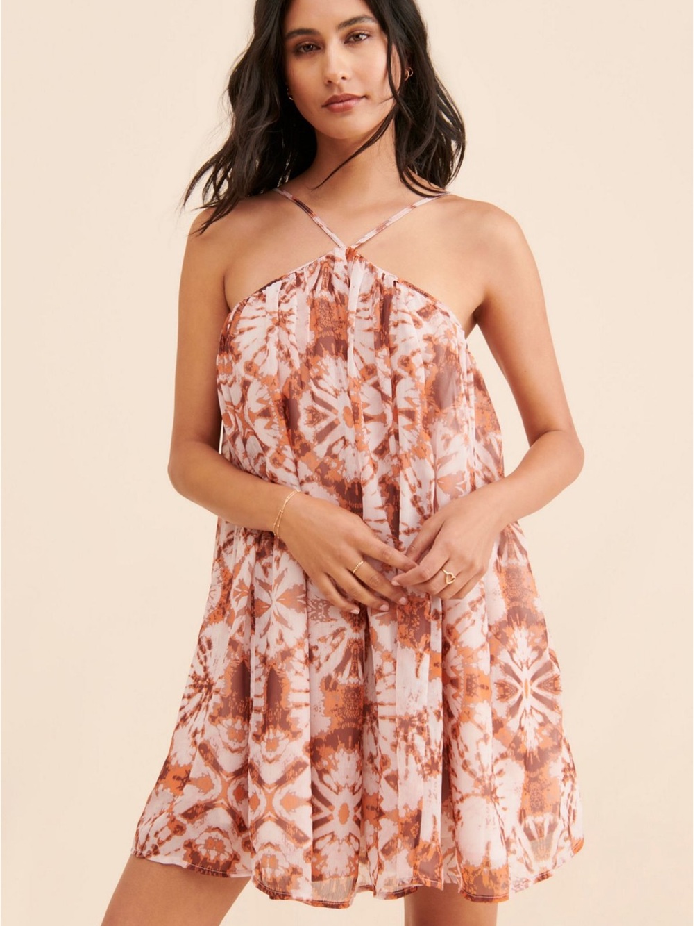Tie-Dye Halter Mini Dress in Rust and Blush